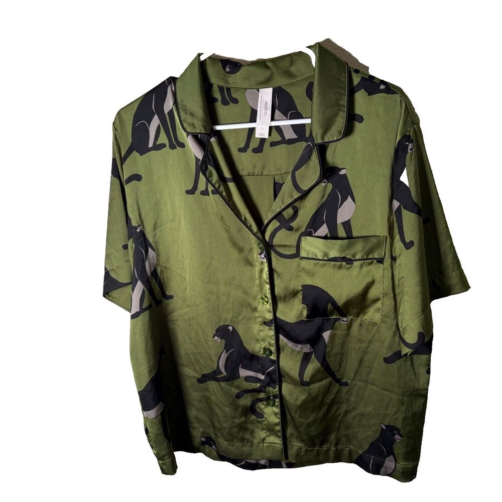 Auden Pajama Top Women's Large Green Button Up Jaguar Short Sleeve Satin